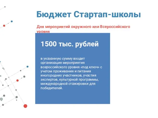 Для мероприятий окружного или Всероссийского уровня Бюджет Стартап-школы 1500 тыс.