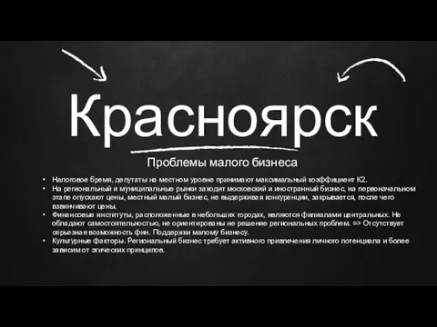 Красноярск Проблемы малого бизнеса Налоговое бремя, депутаты на местном уровне принимают максимальный коэффициент