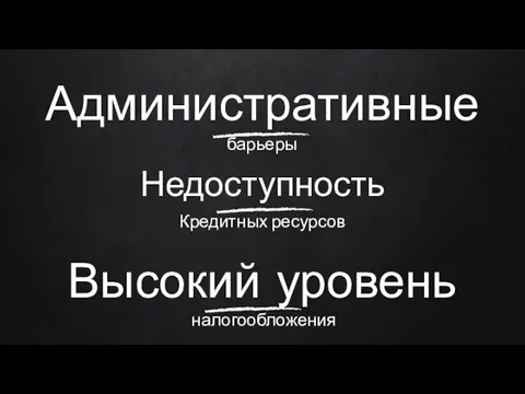 Административные барьеры Высокий уровень налогообложения Недоступность Кредитных ресурсов