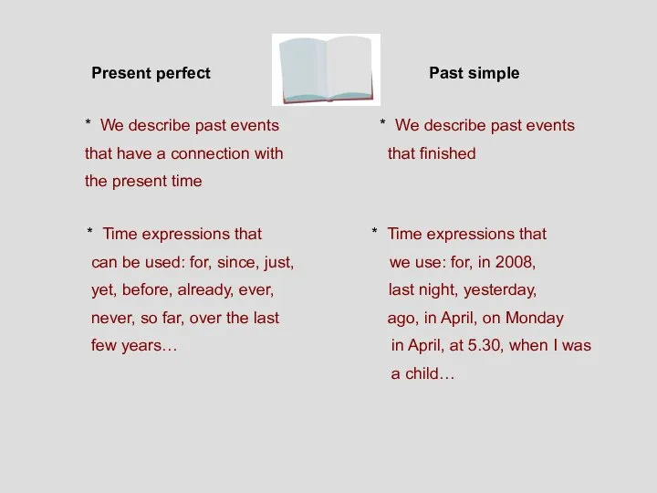 Present perfect Past simple * We describe past events *
