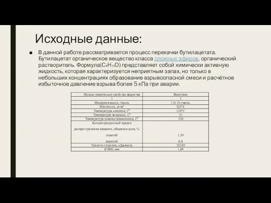 Исходные данные: В данной работе рассматривается процесс перекачки бутилацетата. Бутилацетат