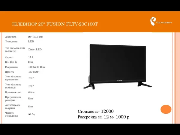 ТЕЛЕВИЗОР 20" FUSION FLTV-20C100T Стоимость- 12000 Рассрочка на 12 м- 1000 р