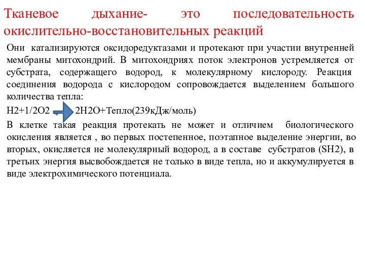 Тканевое дыхание- это последовательность окислительно-восстановительных реакций Они катализируются оксидоредуктазами и