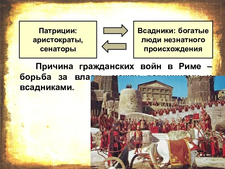 Патриции: аристократы, сенаторы Всадники: богатые люди незнатного происхождения Причина гражданских