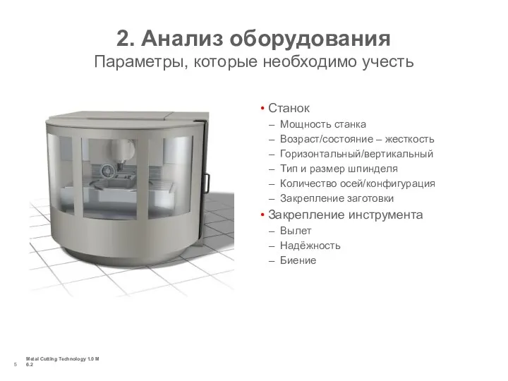 Metal Cutting Technology 1.0 M 6.2 2. Анализ оборудования Параметры, которые необходимо учесть