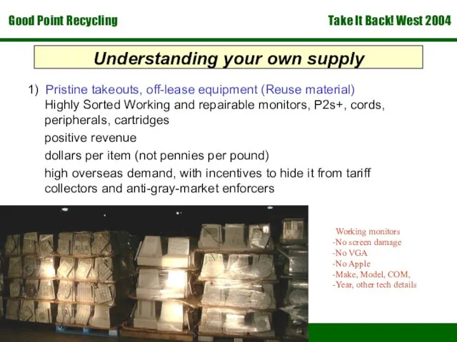 Understanding your own supply 1) Pristine takeouts, off-lease equipment (Reuse