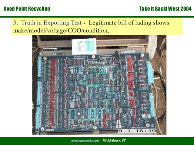 3. Truth in Exporting Test - Legitimate bill of lading shows make/model/voltage/COO/condition.