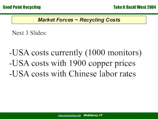 Market Forces ~ Recycling Costs Next 3 Slides: USA costs currently (1000 monitors)
