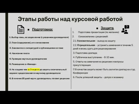 Этапы работы над курсовой работой Подготовка: 1. Выбор темы, ее