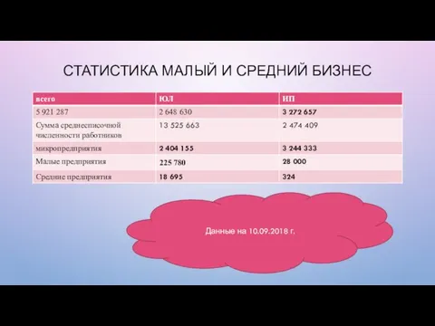 СТАТИСТИКА МАЛЫЙ И СРЕДНИЙ БИЗНЕС Данные на 10.09.2018 г.