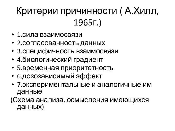 Критерии причинности ( А.Хилл, 1965г.) 1.сила взаимосвязи 2.согласованность данных 3.специфичность