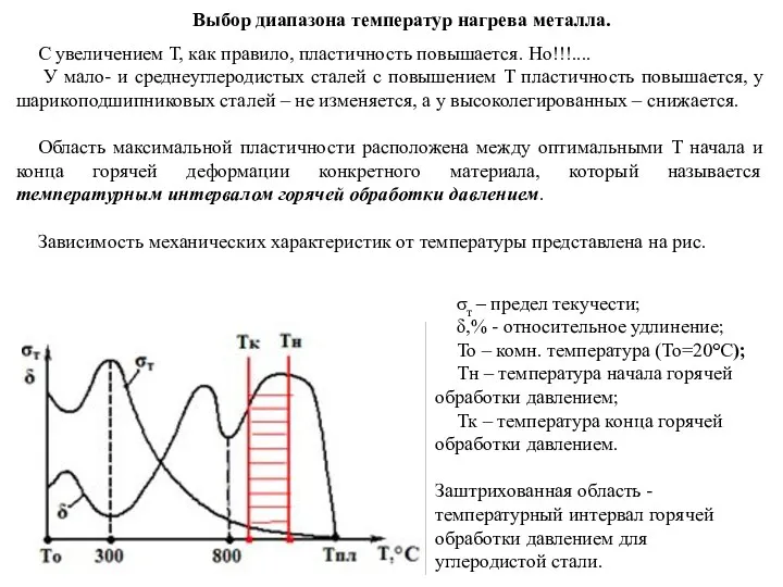 Выбор диапазона температур нагрева металла. С увеличением Т, как правило,