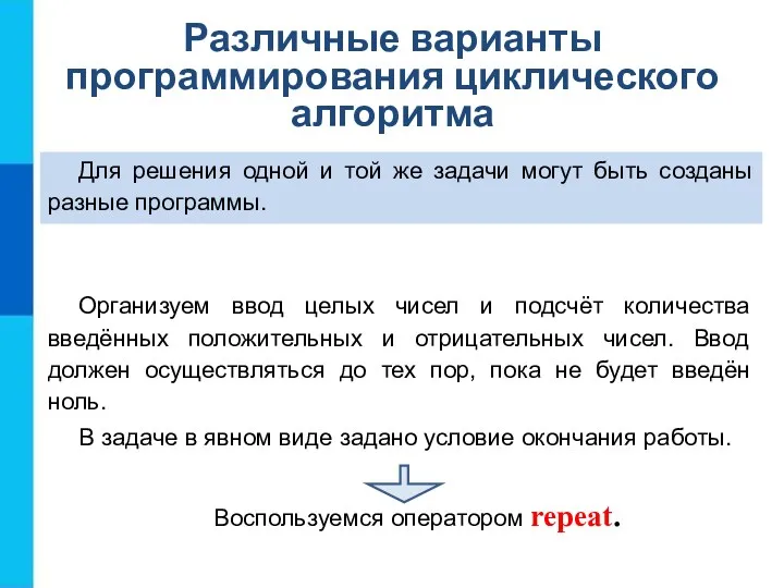 Различные варианты программирования циклического алгоритма Для решения одной и той