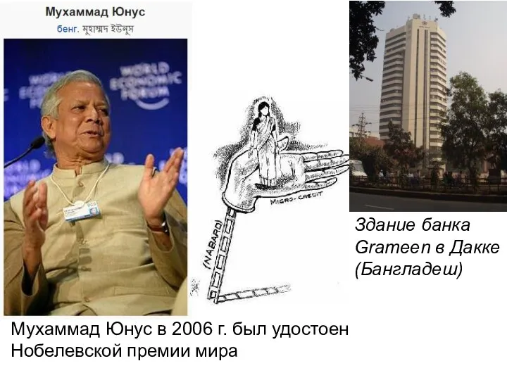 Мухаммад Юнус в 2006 г. был удостоен Нобелевской премии мира Здание банка Grameen в Дакке (Бангладеш)