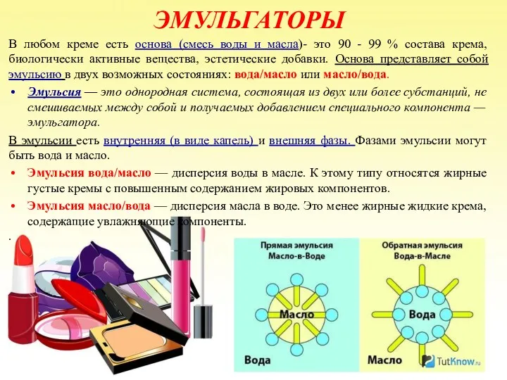 ЭМУЛЬГАТОРЫ В любом креме есть основа (смесь воды и масла)-