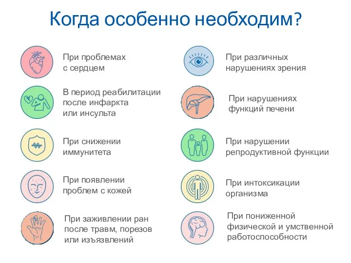 Когда особенно необходим? При проблемах с сердцем В период реабилитации