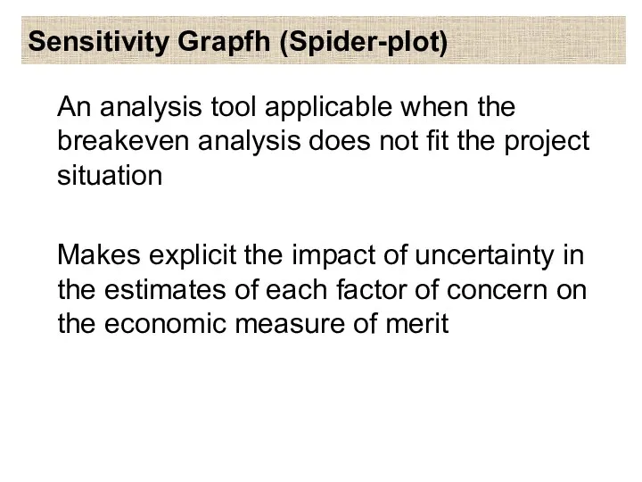 Sensitivity Grapfh (Spider-plot) An analysis tool applicable when the breakeven