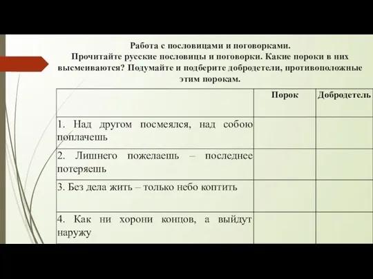 Работа с пословицами и поговорками. Прочитайте русские пословицы и поговорки.