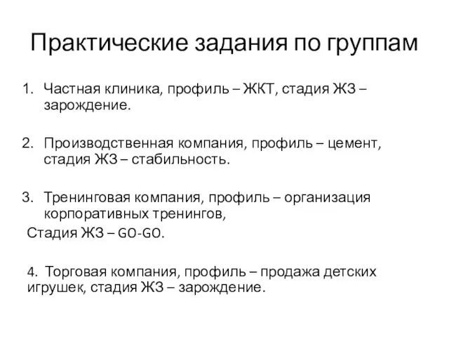 Практические задания по группам Частная клиника, профиль – ЖКТ, стадия