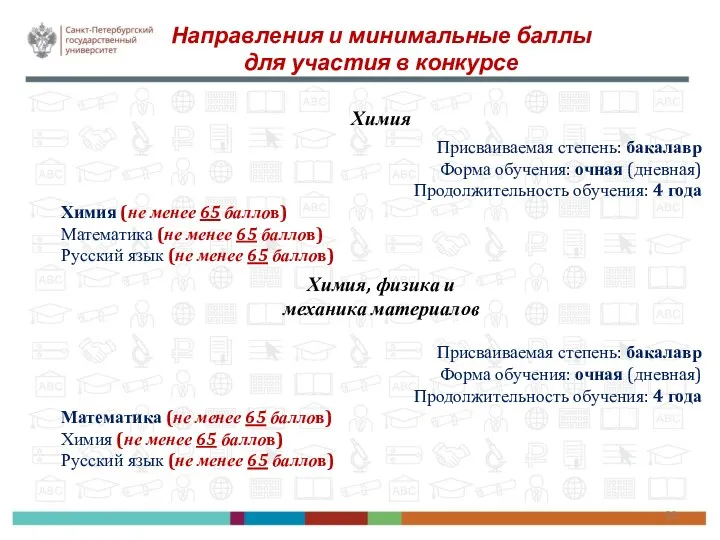 Направления и минимальные баллы для участия в конкурсе Химия Присваиваемая степень: бакалавр Форма