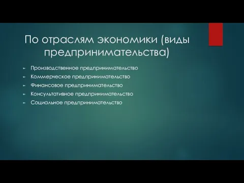 По отраслям экономики (виды предпринимательства) Производственное предпринимательство Коммерческое предпринимательство Финансовое предпринимательство Консультативное предпринимательство Социальное предпринимательство