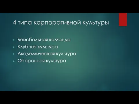 4 типа корпоративной культуры Бейсбольная команда Клубная культура Академическая культура Оборонная культура