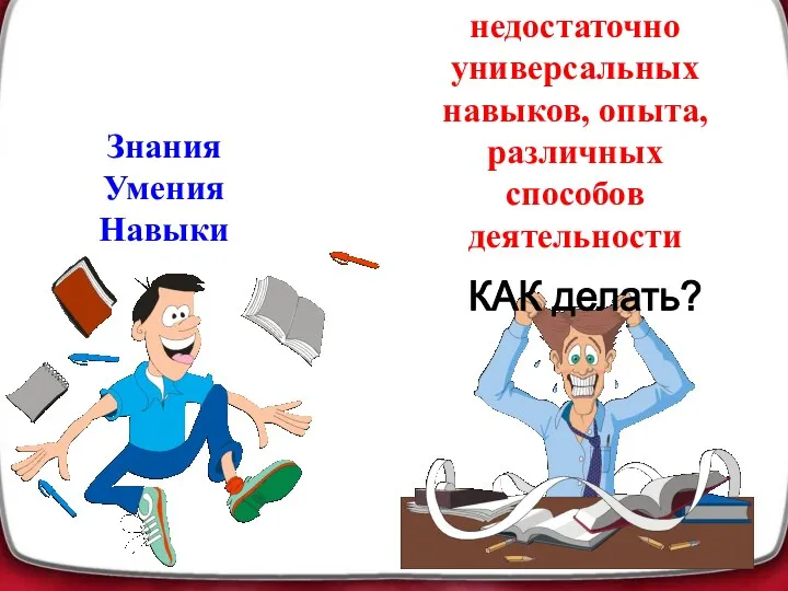 недостаточно универсальных навыков, опыта, различных способов деятельности Знания Умения Навыки