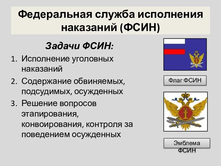 Федеральная служба исполнения наказаний (ФСИН) Задачи ФСИН: Исполнение уголовных наказаний