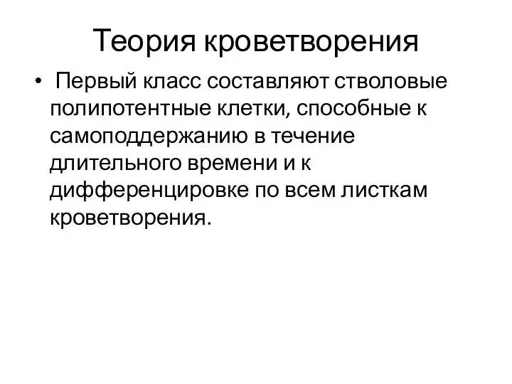 Теория кроветворения Первый класс составляют стволовые полипотентные клетки, способные к