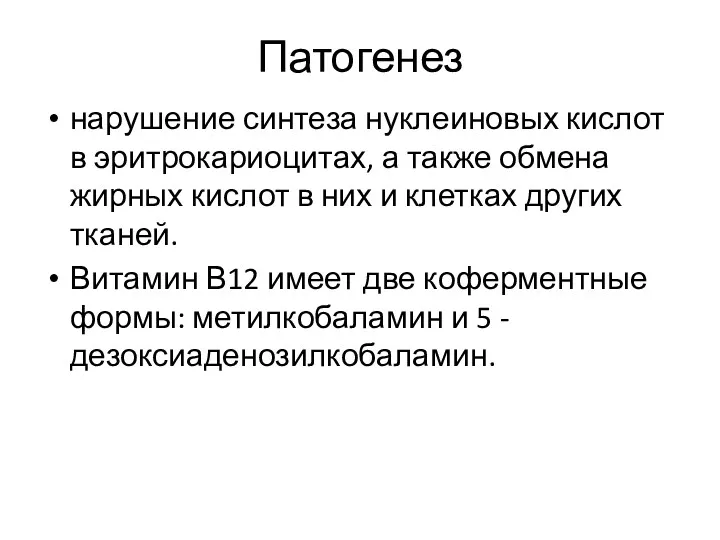 Патогенез нарушение синтеза нуклеиновых кислот в эритрокариоцитах, а также обмена