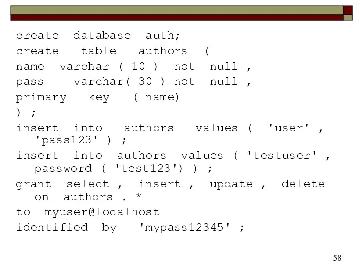 create database auth; create table authors ( name varchar (