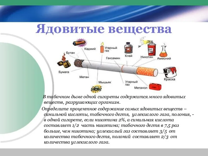 Ядовитые вещества В табачном дыме одной сигареты содержится много ядовитых