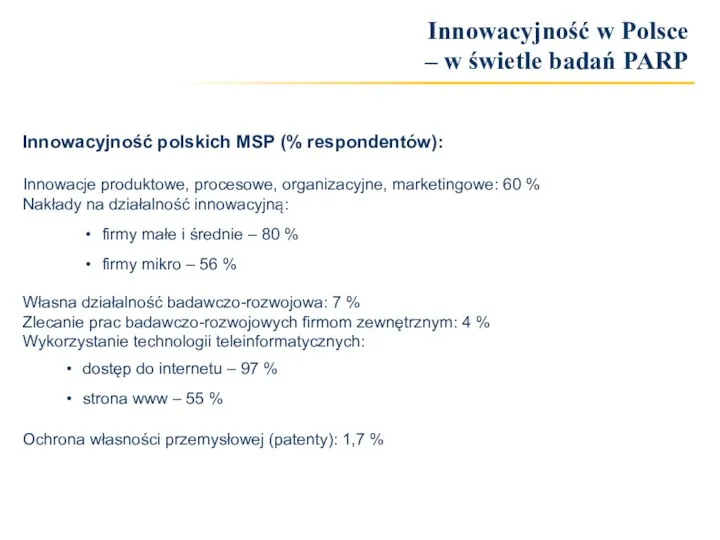 Innowacyjność polskich MSP (% respondentów): Innowacje produktowe, procesowe, organizacyjne, marketingowe: