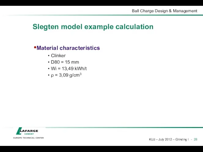 Slegten model example calculation Material characteristics Clinker D80 = 15