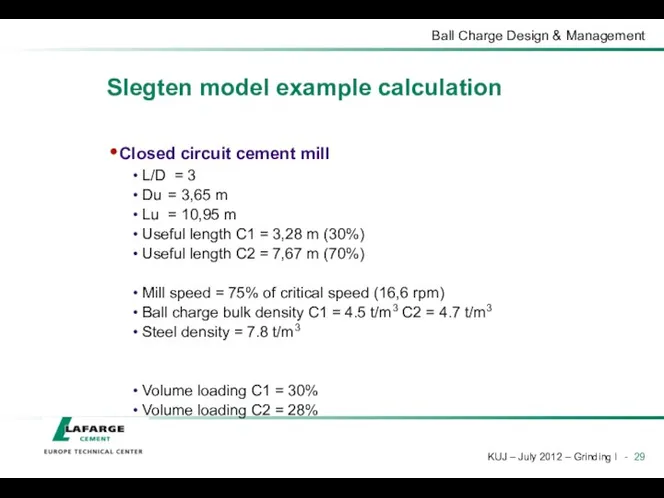 Slegten model example calculation Closed circuit cement mill L/D =