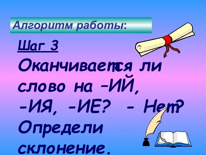 Оканчивается ли слово на –ИЙ, -ИЯ, -ИЕ? - Нет? Определи склонение. Шаг 3 Алгоритм работы: