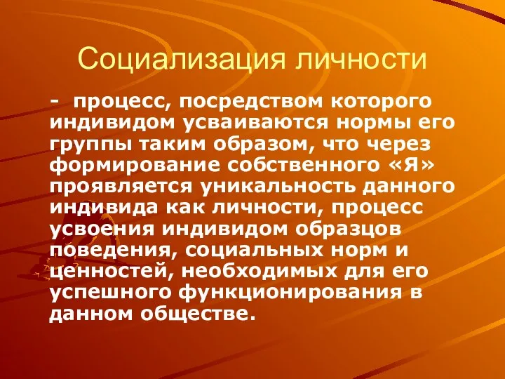 Социализация личности - процесс, посредством которого индивидом усваиваются нормы его