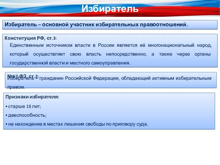 Конституция РФ, ст.3: Избиратель Единственным источником власти в России является