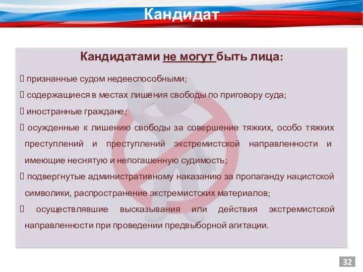 Кандидат Кандидатами не могут быть лица: 32 признанные судом недееспособными;