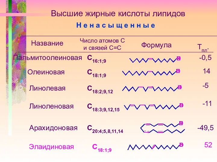 Высшие жирные кислоты липидов Название Число атомов С и связей