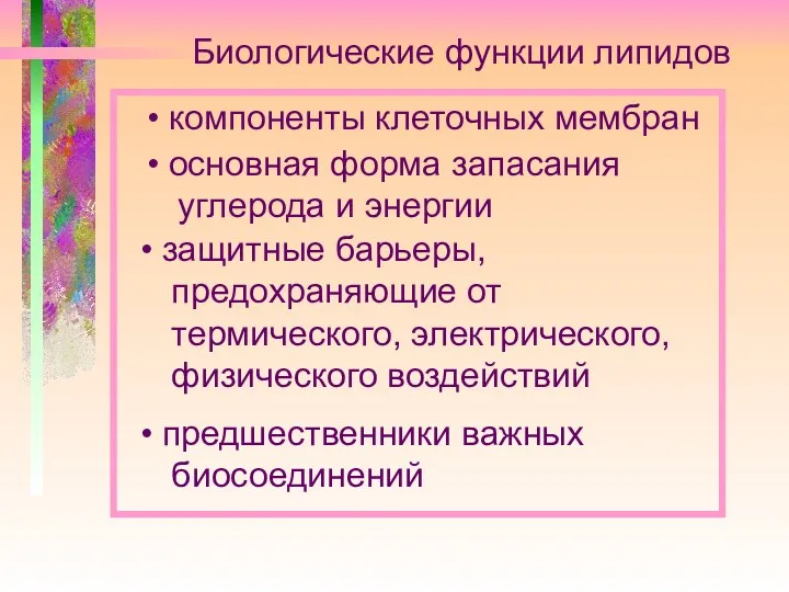 Биологические функции липидов компоненты клеточных мембран основная форма запасания углерода