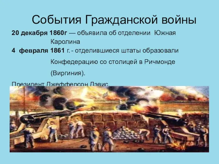 События Гражданской войны 20 декабря 1860г — объявила об отделении