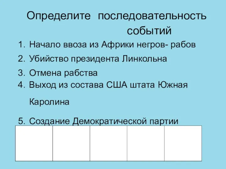 Определите последовательность событий Начало ввоза из Африки негров- рабов Убийство