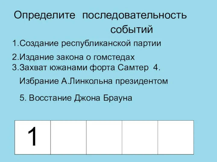 Определите последовательность событий Создание республиканской партии Издание закона о гомстедах