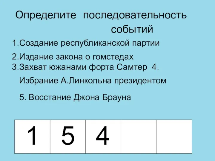 Определите последовательность событий Создание республиканской партии Издание закона о гомстедах