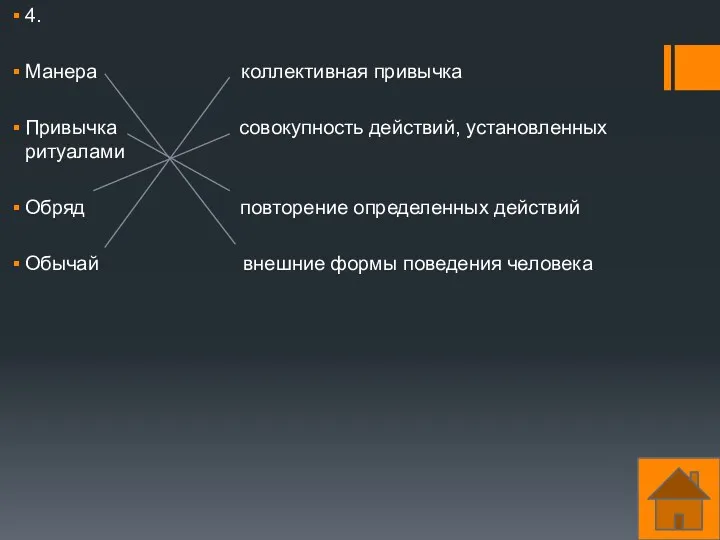 4. Манера коллективная привычка Привычка совокупность действий, установленных ритуалами Обряд