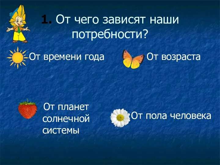 1. От чего зависят наши потребности? От времени года От