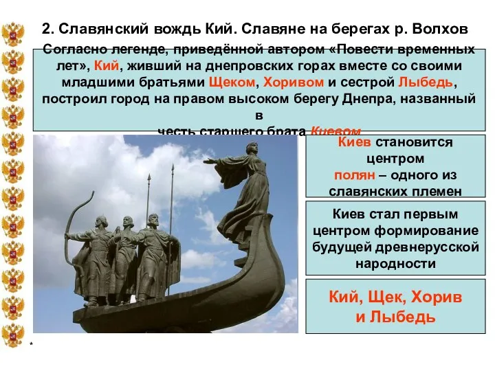 * 2. Славянский вождь Кий. Славяне на берегах р. Волхов Согласно легенде, приведённой