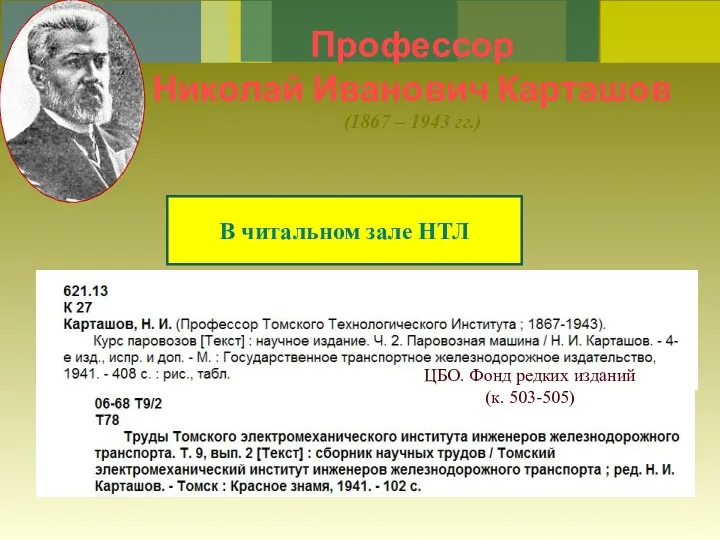 В читальном зале НТЛ Профессор Николай Иванович Карташов (1867 –