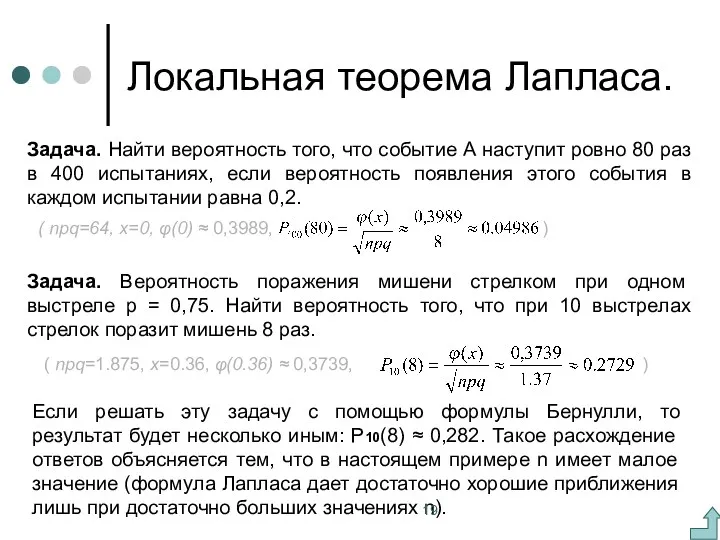 ( npq=64, x=0, φ(0) ≈ 0,3989, ) Локальная теорема Лапласа.